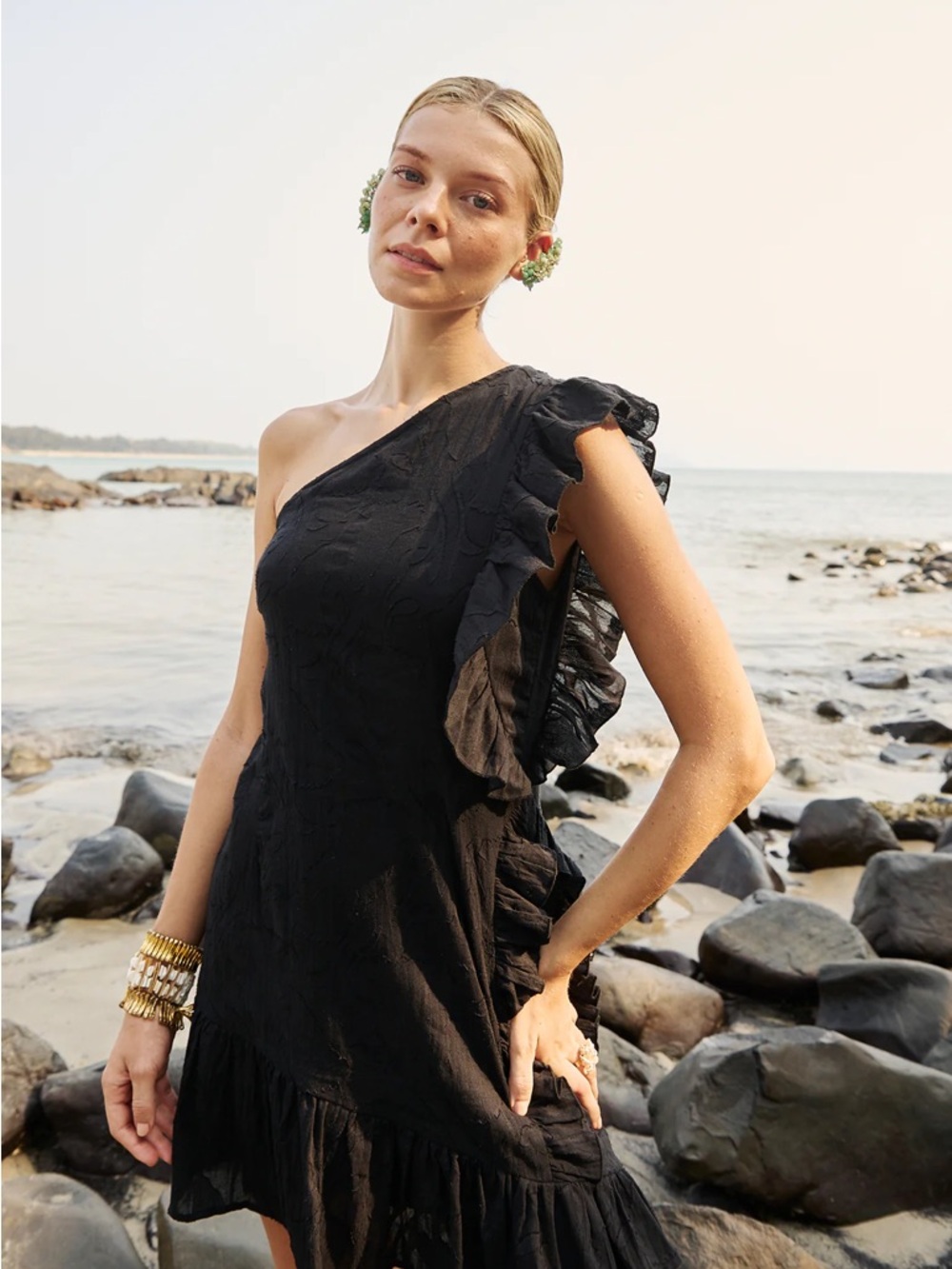 Essgee ADEY RUFFLE DRESS One-Shoulder Ruffle Mini Dress in Black - Picture 5 of 7